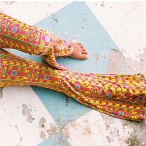 Free People x Flare Street M Flower Power Vibrant Multicolor Flare Pants Yellow